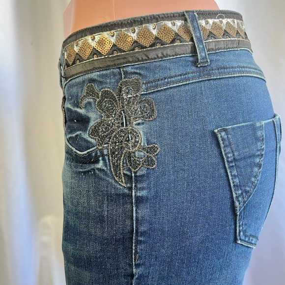 DESIGUAL BLUE STRETCH JEANS EMBROIDERED PATCHWORK DESIGN WASH JEANS PLUS SIZE 34 - Picture 11 of 13